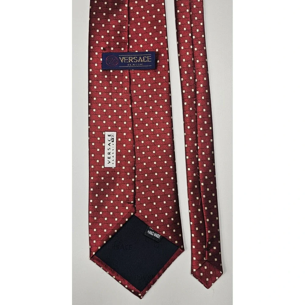 Versace Burgundy Red Geometric Silk Tie with White Dots